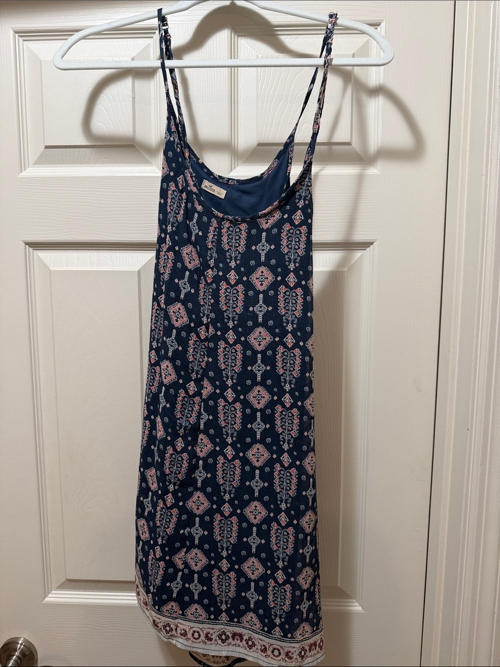 Hollister Navy Blue Mini Sun Dress with Pink Geometric Print